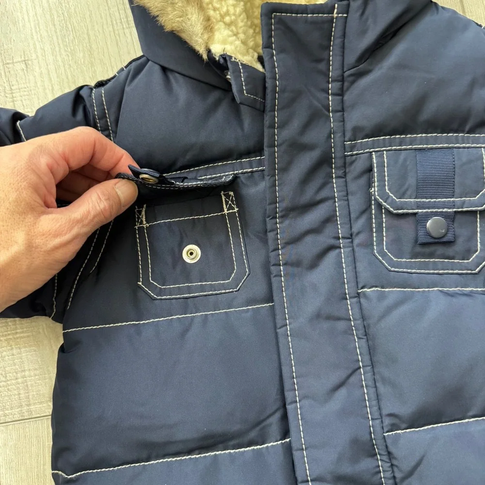 BabyGap Puffer Snowsuit Baby 6-12 Months Navy Blue Faux Fur Hood Down Fill
